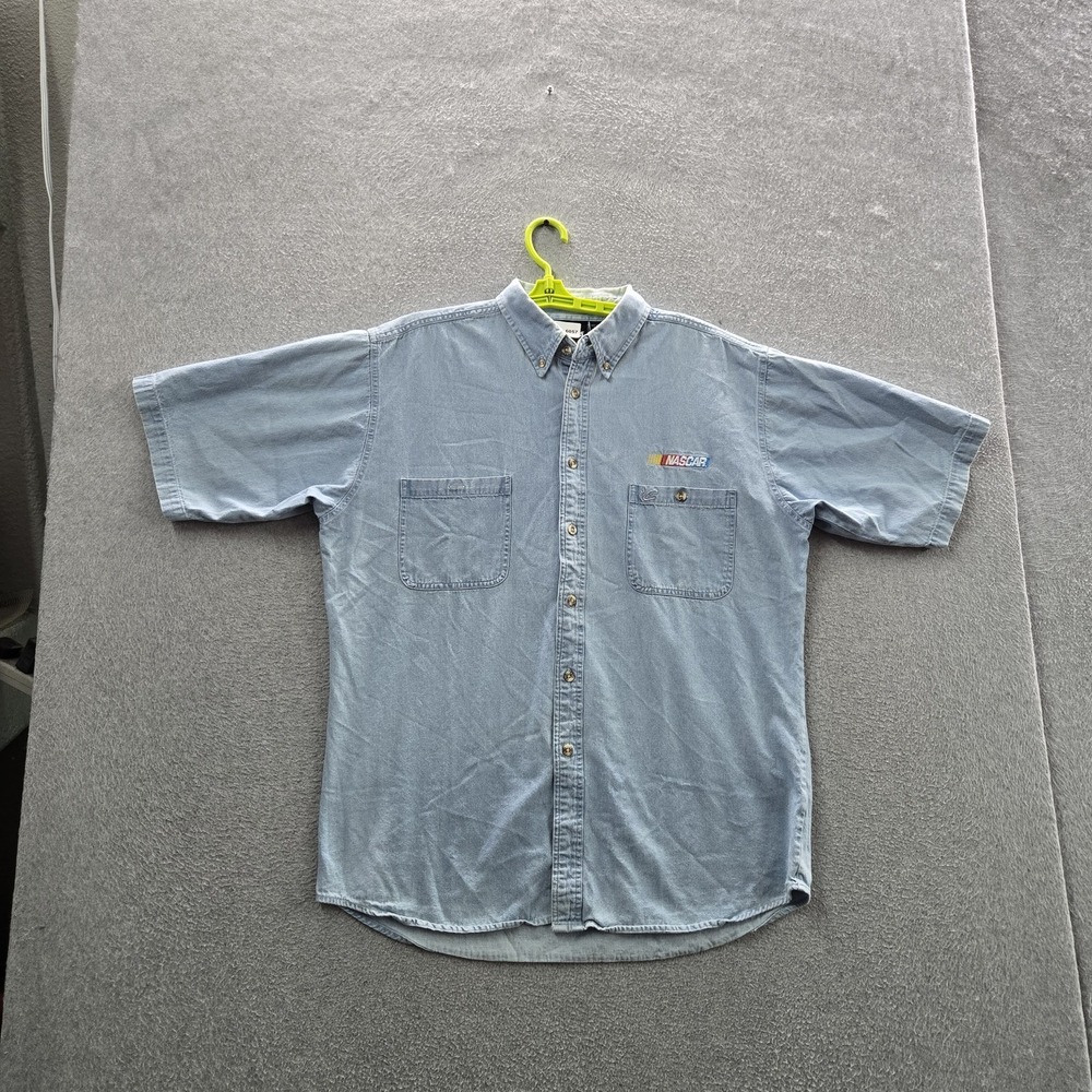 Chase Authentics Men Button Up Shirt L Light Blue Denim Embroidered Nascar